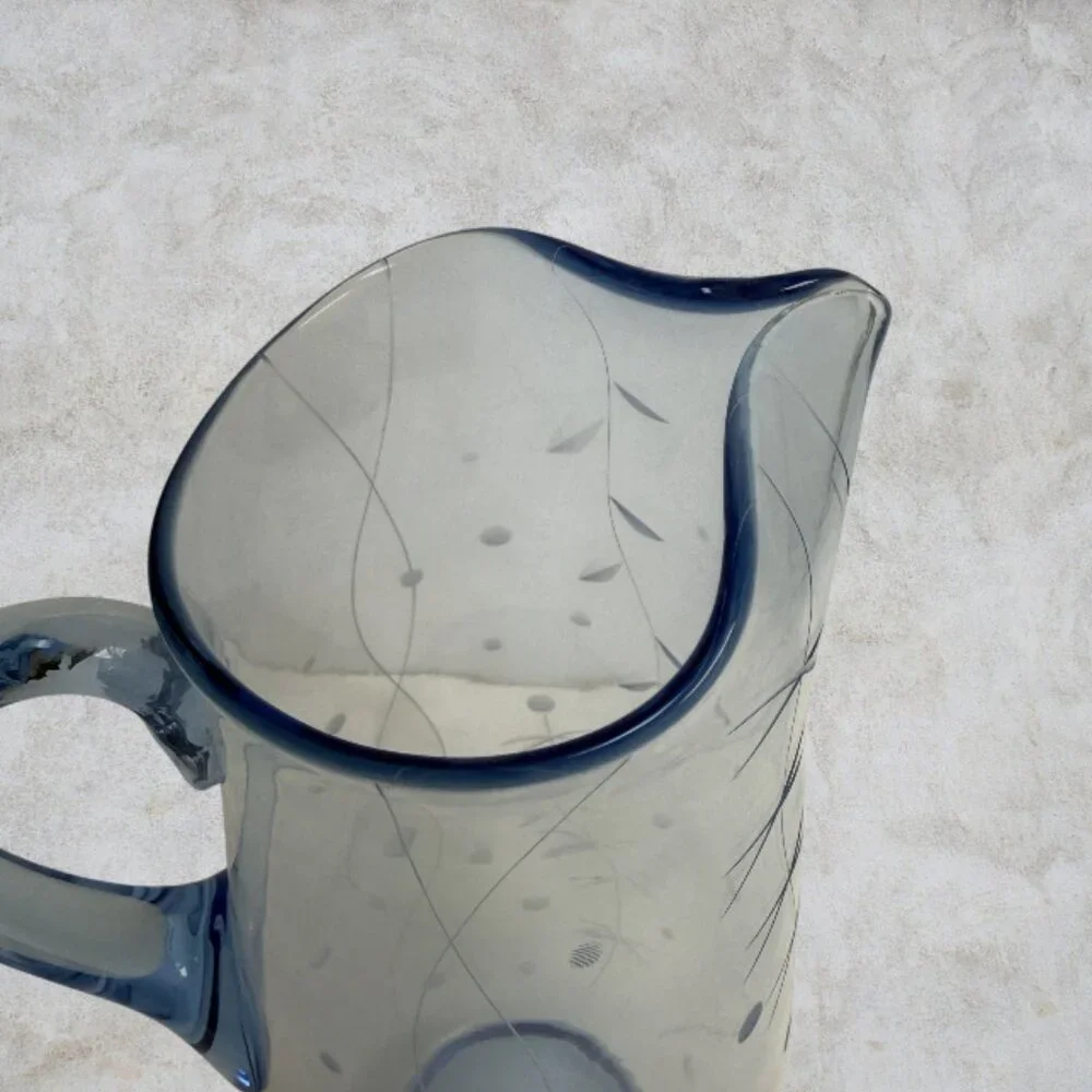 VINTAGE PITCHER -- Blue Glass, Circa 1980, Etched Glass Carafe, Tea/Juice/Water